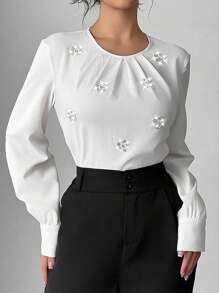 Firerie Women's White Rhinestone Embellished Pleated Collar Long Sleeve Fitted Blouse, Minimalist Office/Commute Wear, Back To School, Valentine's Day - White - View 2
