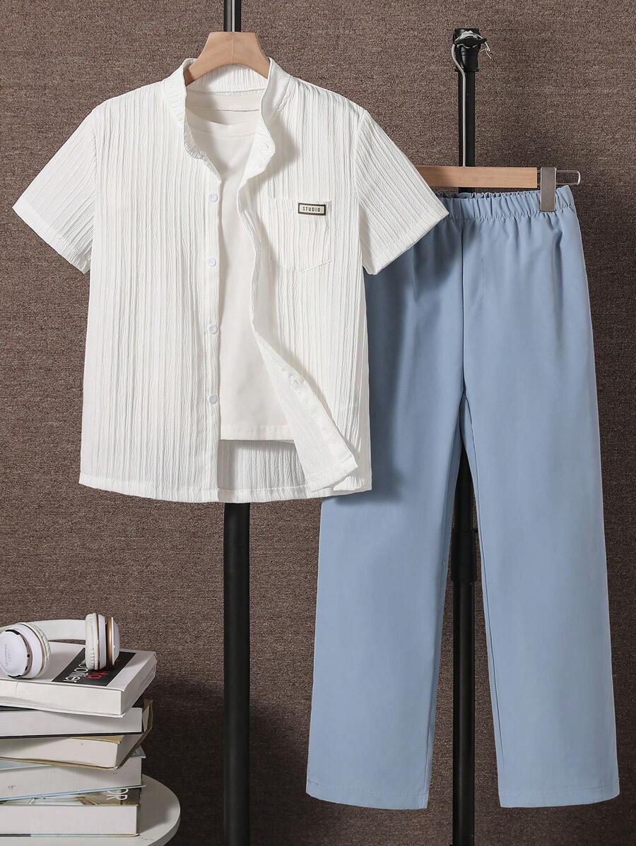 SHEIN 2 Pieces Tween Boy Textured Short Sleeve Shirt And Comfortable Casual Pants Set, Spring/Summer - Multicolor - View 1