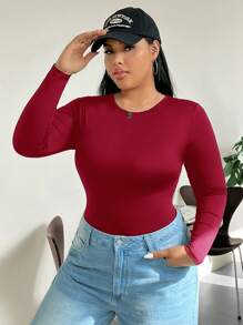 SHEIN EZwear Plus Size Solid Color Round Neck Long Sleeve Minimalist Fitted Bodysuit