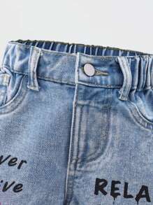 Denimly 女童休闲时尚校园街头风格蝴蝶结和字母印花设计松紧腰拉链破洞直筒牛仔裤