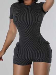 SHEIN Slayr Plus Size Open Back Sexy Round Neck Short Sleeve Tight Jumpsuit, Summer - Dark Grey - View 1