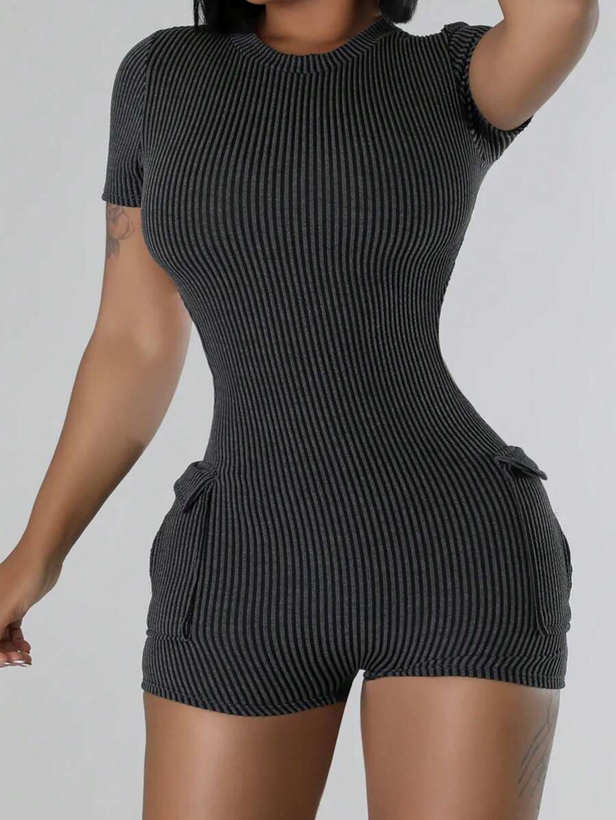 SHEIN Slayr Plus Size Open Back Sexy Round Neck Short Sleeve Tight Jumpsuit, Summer - Dark Grey - View 1