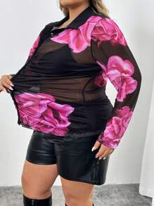 SHEIN CURVE+ Plus Size Casual Sexy V-Neck Open Front Long Sleeve Ruched Color Block Print Blouse For Autumn/Winter,Valentines,Rose,Heart,Polka Dot,Love,Lip,Cupid,3D Flower