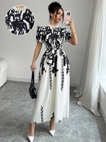 Calvaya Plant Print Stand Collar Ruffle Trim Empire Waist Women Short Sleeve Dress