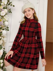 SHEIN Robe tricotée à manches longues à taille haute avec imprimé tartan, pour ado, idéale pour Noël, l'automne ou la rentrée scolaire - Rouge - Voir 9