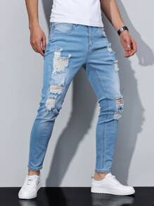 Manfinity Roughcore 大码男士休闲日常穿着简约牛仔裤 - 淺色水洗藍 - 查看 5