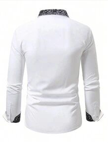 Manfinity Homme Męska koszula z długim rękawem z przodu, prosta, biznesowa, swobodna, kontrastowa, z długim rękawem, męska koszula z guzikami, biała koszula męska, prezenty dla chłopaka