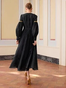 ZEYLAH WOMEN'S SEQUIN TRIM RUFFLE V NECK MAXI DRESS, FIT AND FLARE DRESS, LONG AND Lantern SLEEVES, SEMI-SHEER TEXTURED FABRIC - Black - View 5