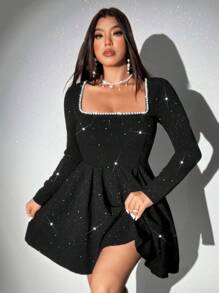 Viva Relle Plus Size Faux Pearl Decor Long Sleeve Casual Short Shift Dress