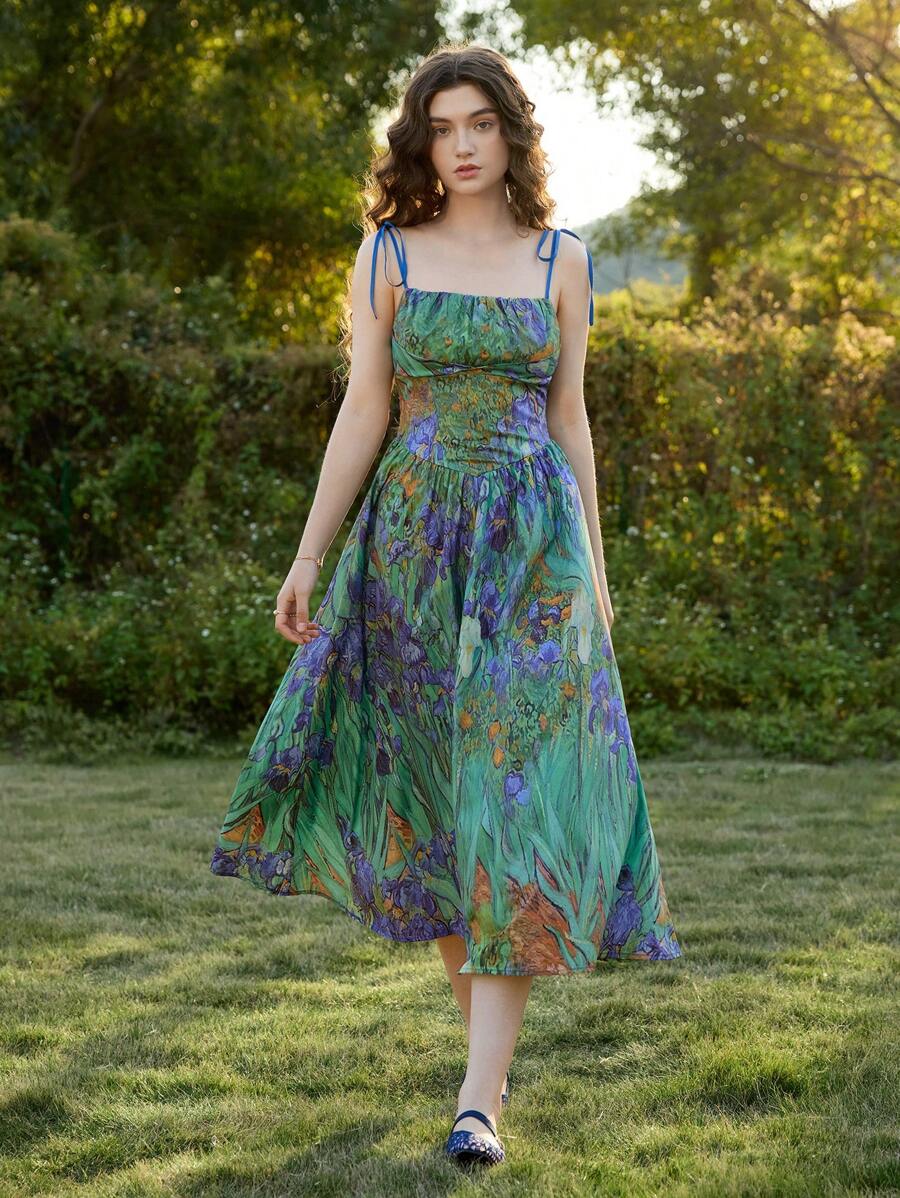 SHEIN MOD Women's Spaghetti Strap Tie Waist Floral Print Casual Mini Dress,Van Gogh Oil Painting Art<Irises>