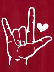 SHEIN 青少年男孩休闲时尚创意心形手势印花基本款短袖 T 恤 - 酒紅色 - 查看 4