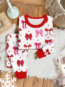 Bộ đồ mặc nhà thoải mái dài tay in hình trái tim và nơ chủ đề Giáng sinh cho bé gái, vừa vặn, mùa thu/đông - Nhiều màu - Xem 1