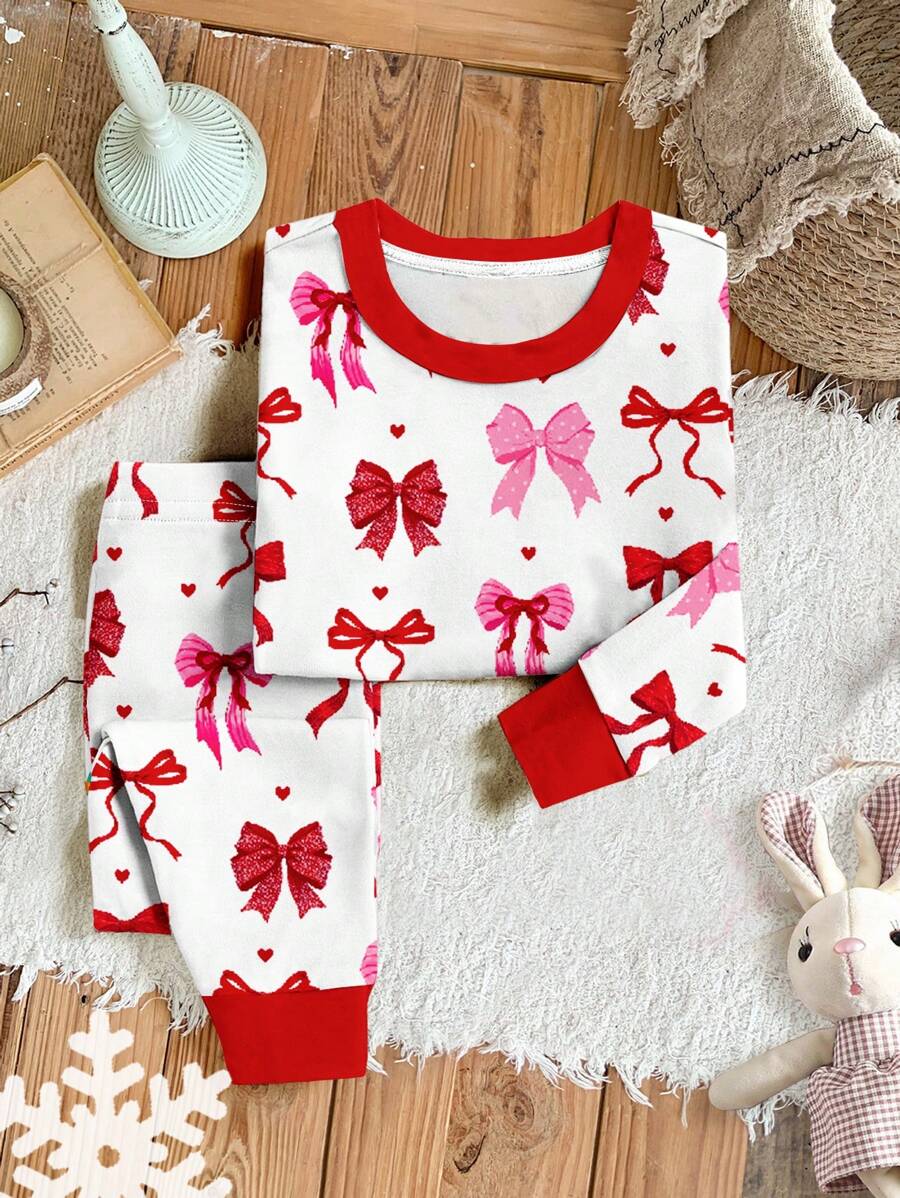 Bộ đồ mặc nhà thoải mái dài tay in hình trái tim và nơ chủ đề Giáng sinh cho bé gái, vừa vặn, mùa thu/đông - Nhiều màu - Xem 1