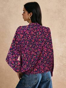 Poéselle Ditsy Floral Notched Neck Blouse,Long Sleeve Tops - Multicolor - View 2