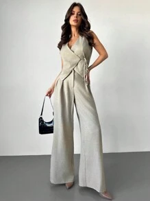 Firerie Bộ vest vải lanh trơn màu mới cho lễ hội, quần ống rộng xếp ly cạp cao và áo vest liền thân màu trơn, trang phục đi làm đơn giản, thanh lịch, trang phục xuân/hè kín đáo, tốt nghiệp, trang phục giáo viên cho nữ, trở lại trường vào mùa thu/đông - Màu be - Xem 1