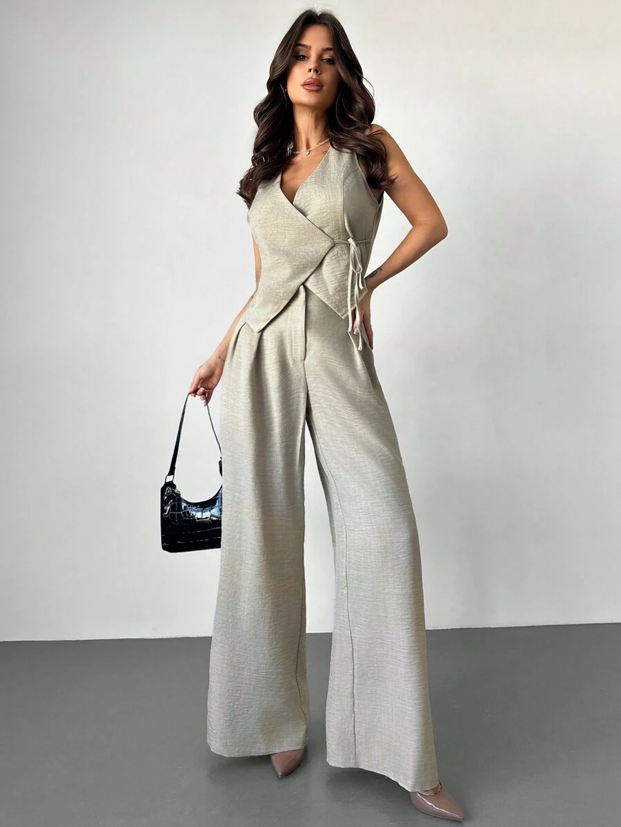 Firerie Bộ vest vải lanh trơn màu mới cho lễ hội, quần ống rộng xếp ly cạp cao và áo vest liền thân màu trơn, trang phục đi làm đơn giản, thanh lịch, trang phục xuân/hè kín đáo, tốt nghiệp, trang phục giáo viên cho nữ, trở lại trường vào mùa thu/đông - Màu be - Xem 1