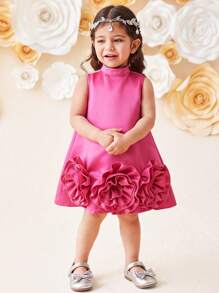 SHEIN Váy cưới bằng vải satin trơn không tay dệt họa tiết hoa 3D thanh lịch cho bé gái - Màu Hồng Tươi - Xem 3