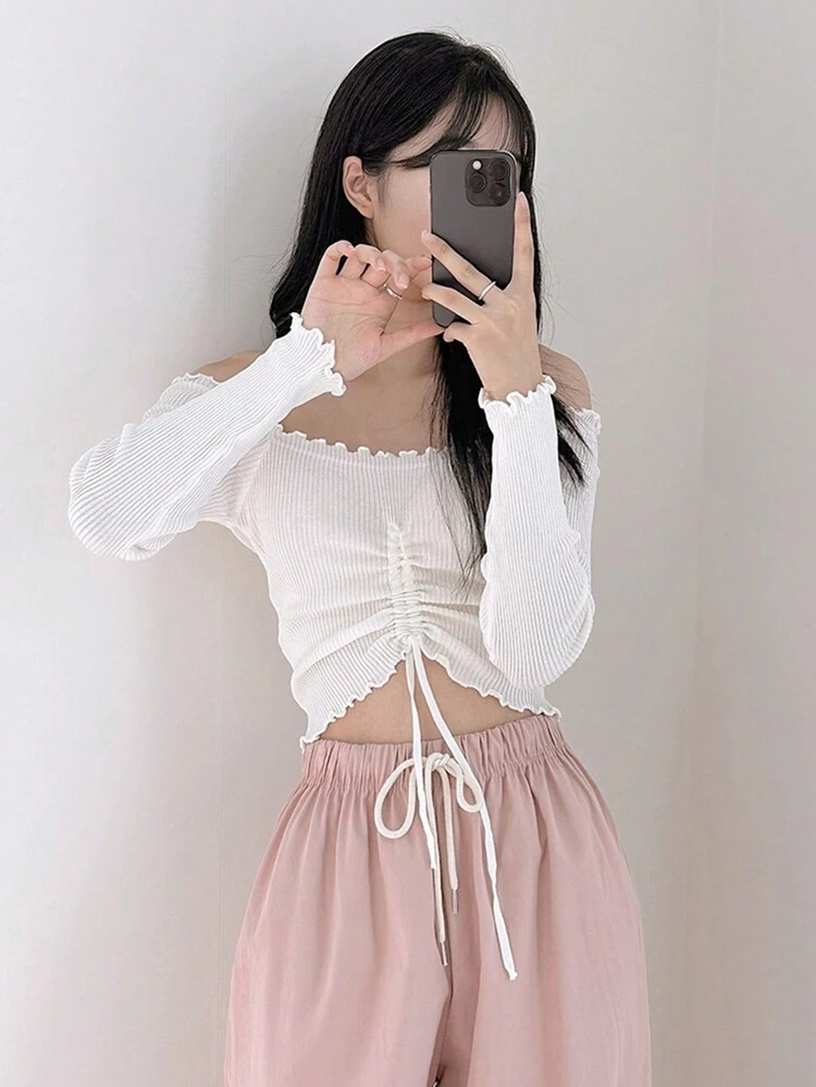 Women's Solid Color Off Shoulder Drawstring Cropped Sweater, White, Spring/Summer