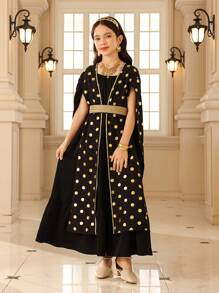 2pcs/Set Tween Girl Polka Dot Pattern Dress And Slip Dress - Black - View 5