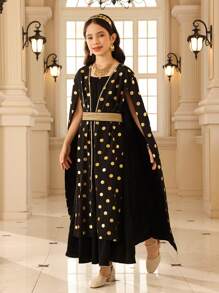 2pcs/Set Tween Girl Polka Dot Pattern Dress And Slip Dress - Black - View 6