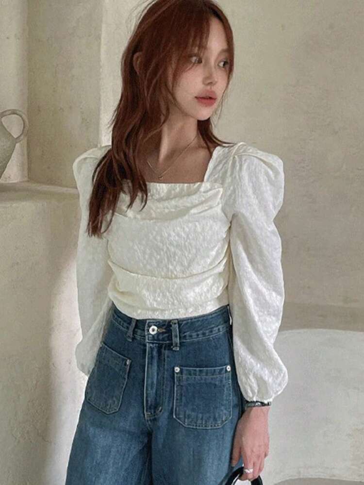 Women's Textured Fabric Lantern Sleeve Square Collar Pullover Blouse, White, Spring/Summer Long Sleeve Top