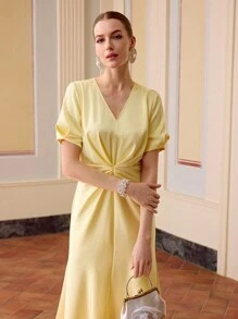 ZEYLAH 褶饰泡泡袖斜裁连衣裙 - 黃色 - 查看 3