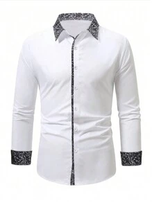 Manfinity Homme Męska koszula z długim rękawem z przodu, prosta, biznesowa, swobodna, kontrastowa, z długim rękawem, męska koszula z guzikami, biała koszula męska, prezenty dla chłopaka