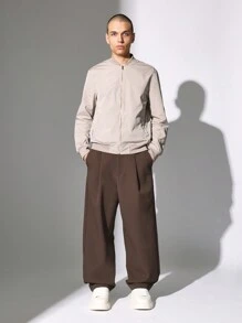 SUMWON Classic Lightweight Bomber Jacket All Season Baseball Style Zip Up Athletic Varsity Outerwear Ribbed Trim Casual Streetwear Essential - Khaki - View 4