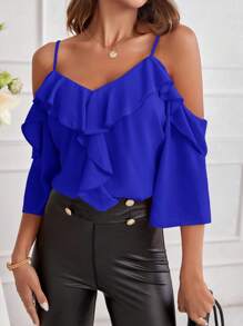 SHEIN Clasi Ladies Solid Color Off Shoulder Ruffle Trim Spring Shirt - Royal Blue - View 6
