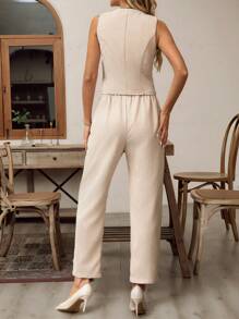 SHEIN Clasi 优雅女士杏色灯芯绒背心外套和配套灯芯绒直筒裤两件套冬季 - 杏色 - 查看 7