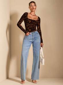 SHEIN BAE Women's Vintage Leopard Print Ruched Long Sleeve T-Shirt, Suitable For Summer