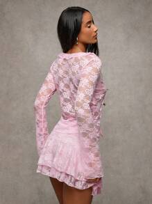 SHEIN BAE 黑色性感蕾丝甜美荷叶边前系带透视上衣，适合女性/秋季女性/西部/牛仔风格 - 淺粉色 - 查看 2