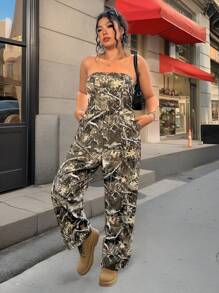 CovetEZ 大码女式分枝印花口袋抹胸连体裤