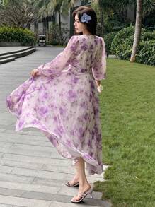 DAZY 女士花卉印花中长度假连衣裙，春秋季长袖连衣裙 - 淡紫色 - 查看 6