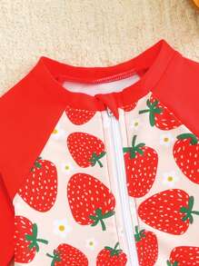 Baby Girl Raglan Sleeve Rash Guard Swimsuit With Adorable Strawberry Print - Multicolor - View 3