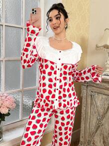 CottageSlumber Ladies Romantic Countryside Strawberry Pattern Ruffle Trim Long Sleeve Top & Pants Pajamas Set, For Valentine's Day - Multicolor - View 5