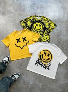 3pcs/Set Tween Boys Smiling Face Printed Short Sleeve T-Shirts - Multicolor - View 1
