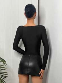 EgrlEra 女式 Y2K 复古性感黑色蕾丝拼布修身 V 领长袖内搭衬衫上衣 - 黑色 - 查看 2