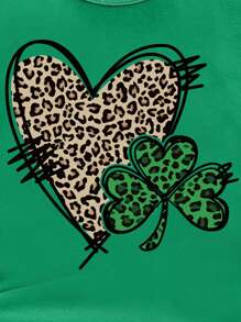 SHEIN Tween Girls Casual Fashionable Creative Leopard Print, Clover, Heart Graphic Short Sleeve T-Shirt