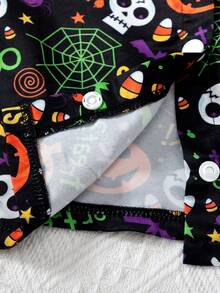 Girls Toddler Skull & Pumpkin All-Over Print Suspender Ruched Trim Fitted Halloween Dress - Black - View 6