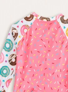 青少年女孩比基尼套装两件套女孩泳衣，带有明亮可爱的甜甜圈和糖印花；四面泳裤带有糖印花领带；长袖干爽，适合夏季海滩冲浪和海滩度假。