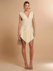 SHEIN BAE Deep V-Neck Drawstring Tie Asymmetric Hem Elegant Ladies Dress, Suitable For Gatherings With Friends, Casual Outings, Holiday Activities, And Romantic Vacation - Apricot - View 3