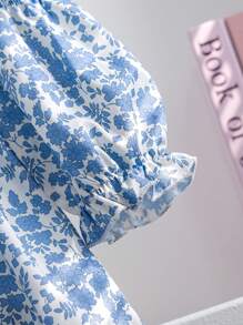 SHEIN Elladie kids Young Girl Cute Elegant Ditsy Floral Lace Collar, Ruffle Puff Sleeve Fashion Dress, Suitable For Resort, Daily Family Gathering, Spring/Summer - Blue - View 2