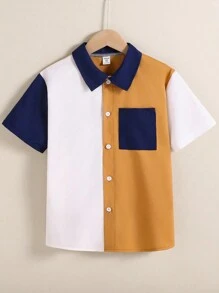 Boys Casual Patchwork Color Block Short Sleeve Shirt - Multicolor - View 7
