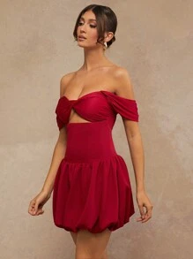 L'Amorae Women's Elegant Twisted Top Bubble Hem Cutout Waist Off Shoulder Burgundy Red Dress,Summer 70s Club Night Party Prom Valentine's Day Wedding Dresses - Red - View 3