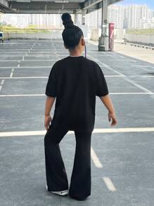 青少年女孩休闲针织圆领短袖上衣和直腿裤套装 - 黑色 - 查看 2