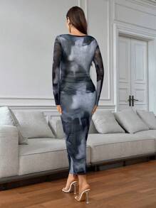 Firerie Women's Elegant Tie-Dye Print Mesh Fitted Bodycon Dress - Blue - View 2