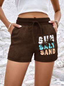 SHEIN LUNE Quần short thường ngày in họa tiết, tối giản và thời trang để mặc hàng ngày - Cà phê nâu - Xem 5