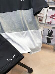 SHEIN 青少年男孩拼布撞色小花卉印花短袖 T 恤和短裤套装，休闲、校园、旅行、运动、日常、度假，柔软舒适