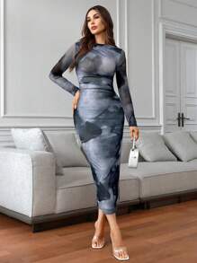 Firerie Women's Elegant Tie-Dye Print Mesh Fitted Bodycon Dress - Blue - View 3